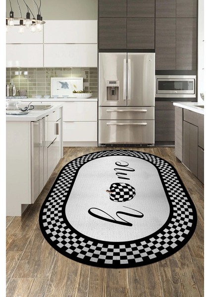 Dijital Baskılı Kaymaz Yıkanabilir Home Yazılı Oval Mutfak Halısı, O-Mutfak-12-Siyah,