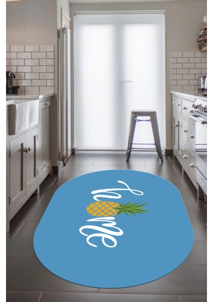 Home Yazılı Ananas Desenli Yıkanabilir Kaymaz Oval Mutfak Halısı, O-Mutfak-31-Mavi,