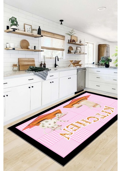 Dijital Baskılı Kaymaz Taban Kitchen Yazılı Modern Mutfak Halısı, Mutfak-18-Pembe, modelleri