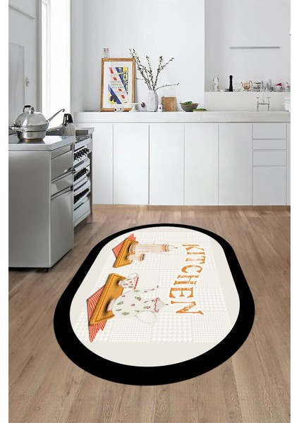 Dijital Baskılı Kaymaz Taban Kitchen Yazılı Modern Oval Mutfak Halısı, O-Mutfak-18-Krem,