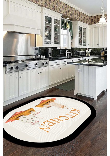 Dijital Baskılı Kaymaz Taban Kitchen Yazılı Modern Oval Mutfak Halısı, O-Mutfak-18-Krem, fiyatları