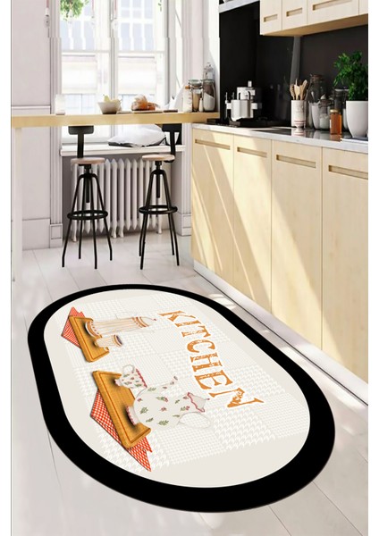 Dijital Baskılı Kaymaz Taban Kitchen Yazılı Modern Oval Mutfak Halısı, O-Mutfak-18-Krem, modelleri