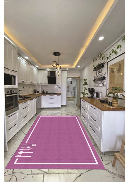 Dijital Baskılı Kaymaz Yıkanabilir Sade Çerçeveli Mutfak Halısı, Mutfak-06-Mor,