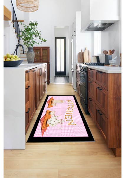 Dijital Baskılı Kaymaz Taban Kitchen Yazılı Modern Mutfak Halısı, Mutfak-18-Pembe,