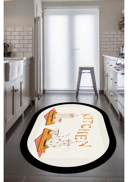 Dijital Baskılı Kaymaz Taban Kitchen Yazılı Modern Oval Mutfak Halısı, O-Mutfak-18-Krem, fırsatları