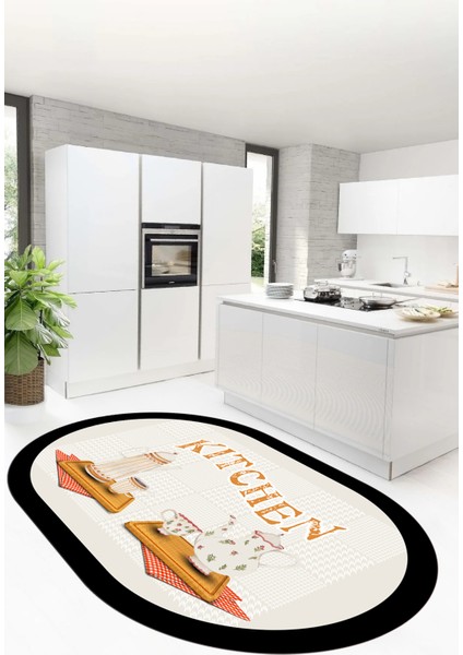 Dijital Baskılı Kaymaz Taban Kitchen Yazılı Modern Oval Mutfak Halısı, O-Mutfak-18-Krem, indirimleri