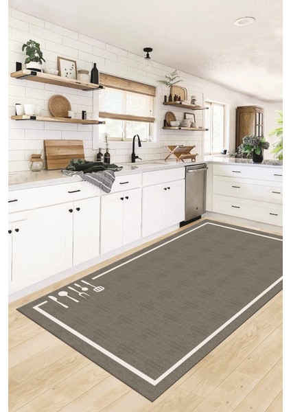 Dijital Baskılı Kaymaz Yıkanabilir Sade Çerçeveli Mutfak Halısı, Mutfak-06-Gri, indirimleri