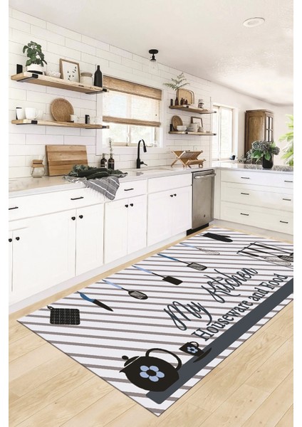 Mutfak Araçları Desenli Yıkanabilir Kaymaz Mutfak Halısı, Mutfak-32-Mavi,