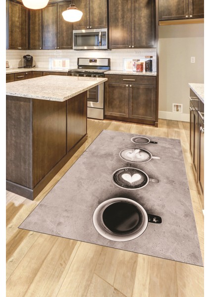 Dijital Baskılı Kaymaz Taban Kahve Fincan Desenli Mutfak Halısı, Mutfak-22-Vizon,