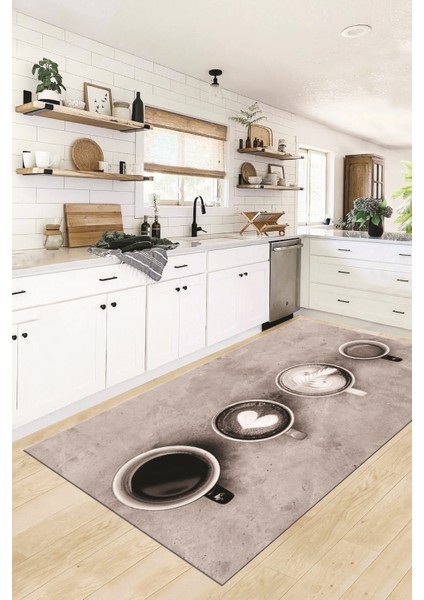 Dijital Baskılı Kaymaz Taban Kahve Fincan Desenli Mutfak Halısı, Mutfak-22-Vizon, fiyatları