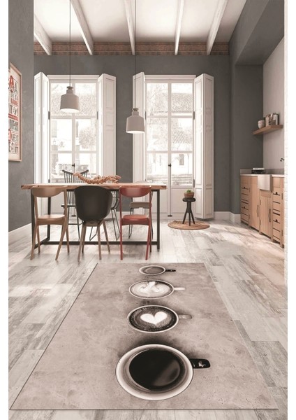 Dijital Baskılı Kaymaz Taban Kahve Fincan Desenli Mutfak Halısı, Mutfak-22-Vizon, modelleri