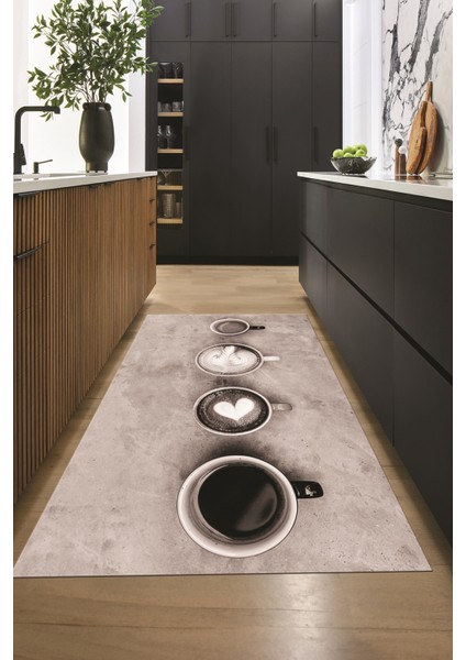 Dijital Baskılı Kaymaz Taban Kahve Fincan Desenli Mutfak Halısı, Mutfak-22-Vizon, indirimleri