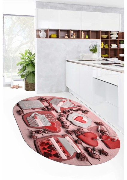 3D Kalp Fincan Motifli Kaymaz Yıkanabilir Modern Oval Mutfak Halısı, O-Mutfak-34-Kırmızı, modelleri