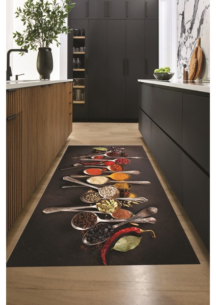 Baharat Temalı Kaymaz Taban Yıkanabilir Modern Mutfak Halısı, Mutfak-33-Renkli, modelleri