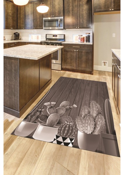 Dijital Baskılı Kaymaz Taban Kaktüslü Çiçekli Mutfak Halısı, Mutfak-24-Vizon,