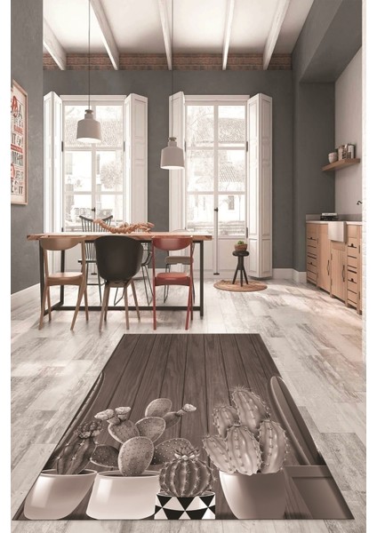 Dijital Baskılı Kaymaz Taban Kaktüslü Çiçekli Mutfak Halısı, Mutfak-24-Vizon, modelleri