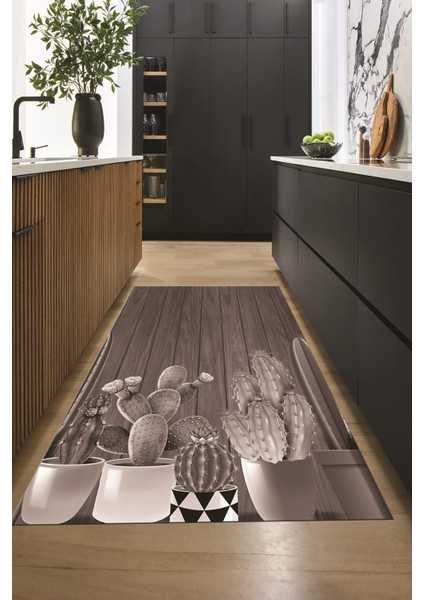 Dijital Baskılı Kaymaz Taban Kaktüslü Çiçekli Mutfak Halısı, Mutfak-24-Vizon, indirimleri