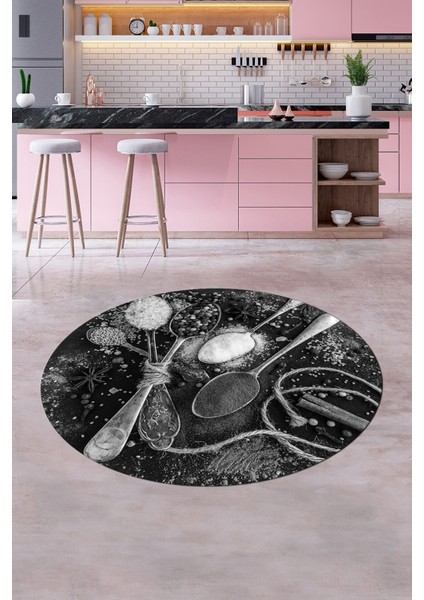 Dijital Baskılı Kaymaz Taban Kaşık Baharat Desenli Yuvarlak Mutfak Halısı, Y-Mutfak-19-Gri,