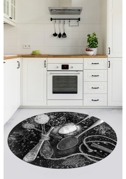 Dijital Baskılı Kaymaz Taban Kaşık Baharat Desenli Yuvarlak Mutfak Halısı, Y-Mutfak-19-Gri, fiyatları