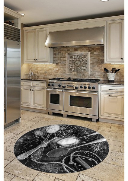 Dijital Baskılı Kaymaz Taban Kaşık Baharat Desenli Yuvarlak Mutfak Halısı, Y-Mutfak-19-Gri, modelleri