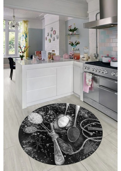 Dijital Baskılı Kaymaz Taban Kaşık Baharat Desenli Yuvarlak Mutfak Halısı, Y-Mutfak-19-Gri, fırsatları