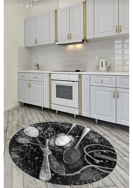 Dijital Baskılı Kaymaz Taban Kaşık Baharat Desenli Yuvarlak Mutfak Halısı, Y-Mutfak-19-Gri, indirimleri