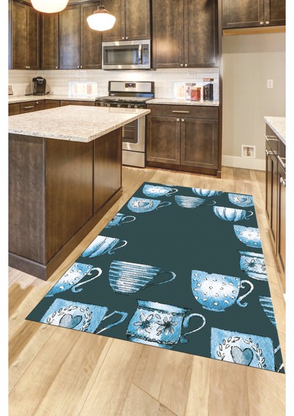 Dijital Baskılı Kaymaz Taban Renkli Fincanlar Mutfak Halısı, Mutfak-26-Mavi,