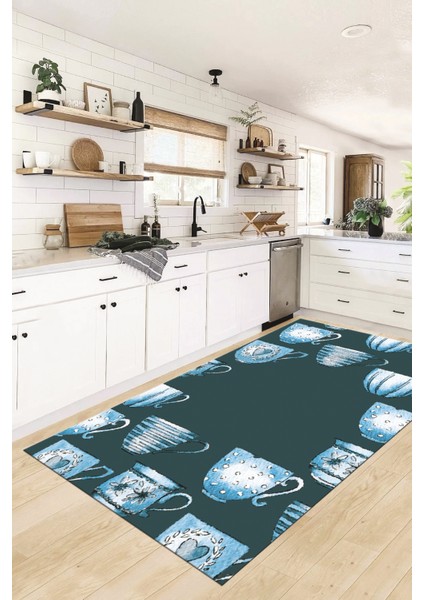 Dijital Baskılı Kaymaz Taban Renkli Fincanlar Mutfak Halısı, Mutfak-26-Mavi, fiyatları