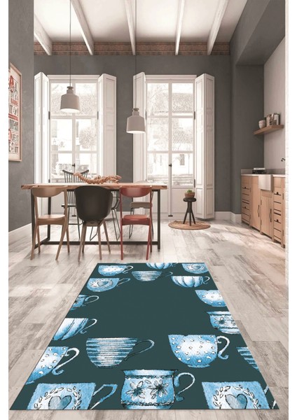 Dijital Baskılı Kaymaz Taban Renkli Fincanlar Mutfak Halısı, Mutfak-26-Mavi, modelleri