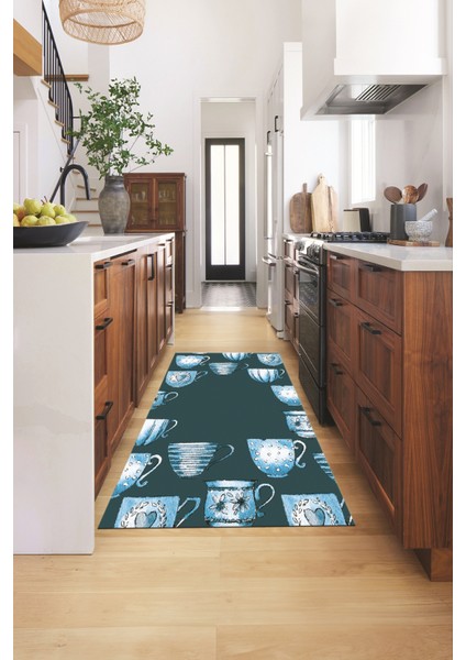 Dijital Baskılı Kaymaz Taban Renkli Fincanlar Mutfak Halısı, Mutfak-26-Mavi, fırsatları
