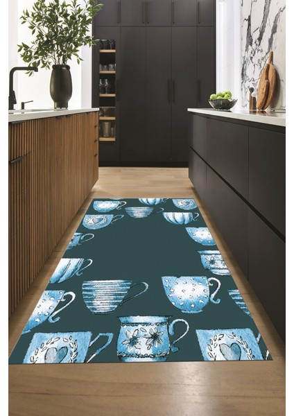 Dijital Baskılı Kaymaz Taban Renkli Fincanlar Mutfak Halısı, Mutfak-26-Mavi, indirimleri