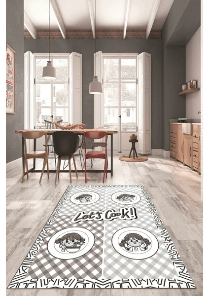 Lets Cook Yazılı Yıkanabilir Kaymaz Taban Modern Mutfak Halısı, Mutfak-36-Gri,