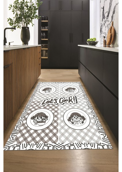 Lets Cook Yazılı Yıkanabilir Kaymaz Taban Modern Mutfak Halısı, Mutfak-36-Gri, modelleri