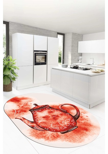 Dijital Baskılı Kaymaz Taban Çaydanlık Desenli Oval Mutfak Halısı, O-Mutfak-23-Kırmızı,