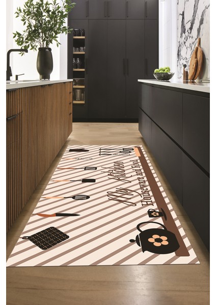 Mutfak Araçları Desenli Yıkanabilir Kaymaz Mutfak Halısı, Mutfak-32-Kahve,