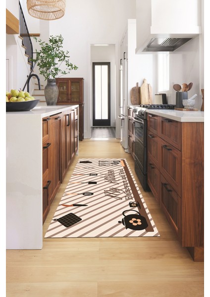 Mutfak Araçları Desenli Yıkanabilir Kaymaz Mutfak Halısı, Mutfak-32-Kahve, modelleri