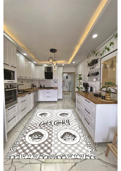 Lets Cook Yazılı Yıkanabilir Kaymaz Taban Modern Mutfak Halısı, Mutfak-36-Gri, fırsatları