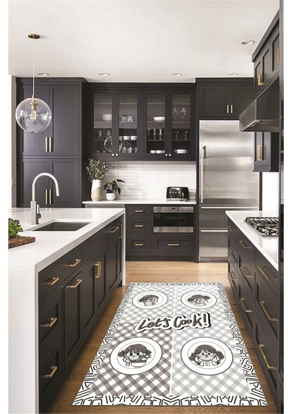 Lets Cook Yazılı Yıkanabilir Kaymaz Taban Modern Mutfak Halısı, Mutfak-36-Gri, indirimleri