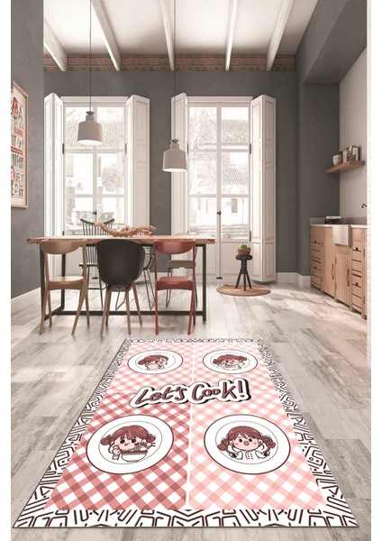 Lets Cook Yazılı Yıkanabilir Kaymaz Taban Modern Mutfak Halısı, Mutfak-36-Pembe,