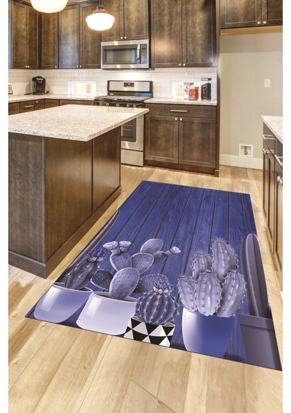 Dijital Baskılı Kaymaz Taban Kaktüslü Çiçekli Mutfak Halısı, Mutfak-24-Mavi,