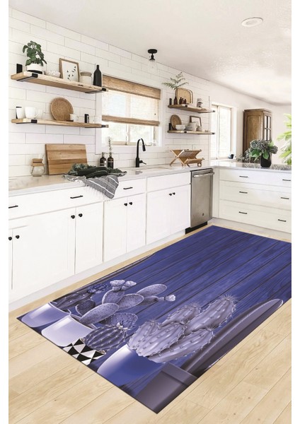 Dijital Baskılı Kaymaz Taban Kaktüslü Çiçekli Mutfak Halısı, Mutfak-24-Mavi, fiyatları