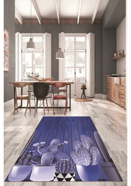 Dijital Baskılı Kaymaz Taban Kaktüslü Çiçekli Mutfak Halısı, Mutfak-24-Mavi, modelleri