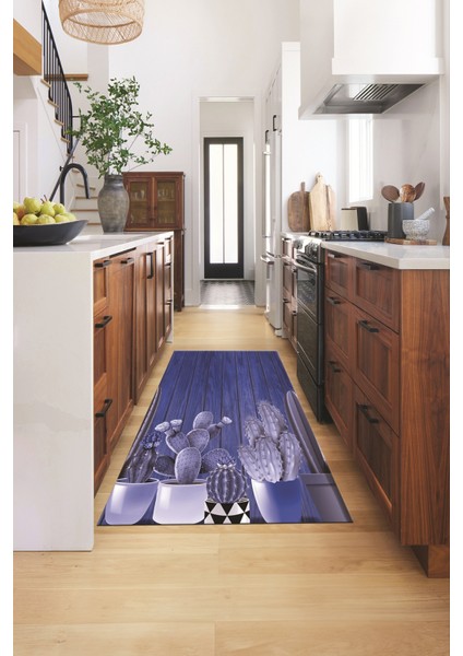 Dijital Baskılı Kaymaz Taban Kaktüslü Çiçekli Mutfak Halısı, Mutfak-24-Mavi, fırsatları