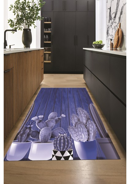 Dijital Baskılı Kaymaz Taban Kaktüslü Çiçekli Mutfak Halısı, Mutfak-24-Mavi, indirimleri