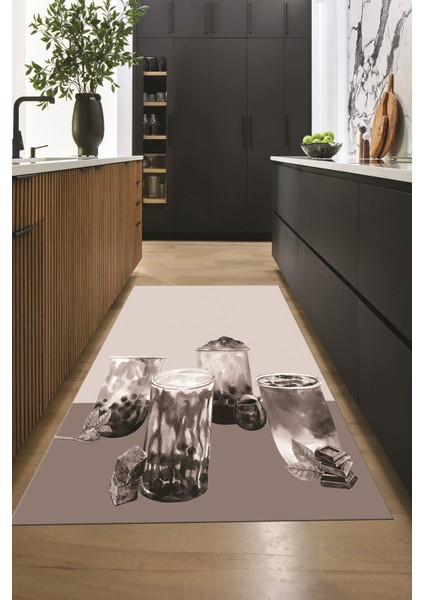 Çikolata Buz Motifli Yıkanabilir Kaymaz Taban Mutfak Halısı, Mutfak-37-Vizon, modelleri