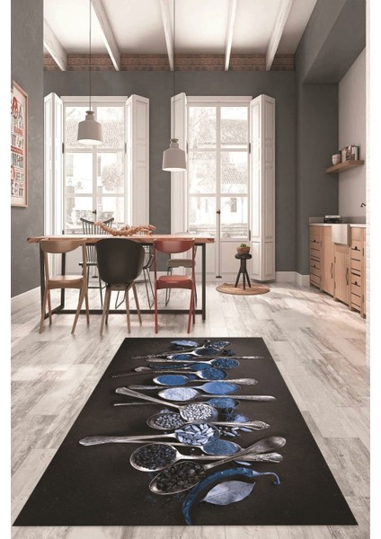 Baharat Temalı Kaymaz Taban Yıkanabilir Modern Mutfak Halısı, Mutfak-33-Mavi,