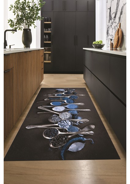 Baharat Temalı Kaymaz Taban Yıkanabilir Modern Mutfak Halısı, Mutfak-33-Mavi, modelleri