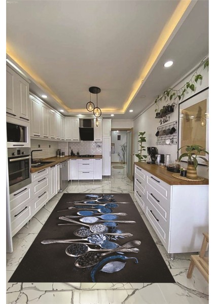 Baharat Temalı Kaymaz Taban Yıkanabilir Modern Mutfak Halısı, Mutfak-33-Mavi, fırsatları