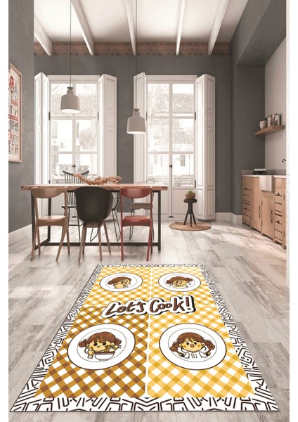 Lets Cook Yazılı Yıkanabilir Kaymaz Taban Modern Mutfak Halısı, Mutfak-36-Kahve,
