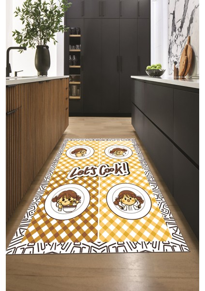 Lets Cook Yazılı Yıkanabilir Kaymaz Taban Modern Mutfak Halısı, Mutfak-36-Kahve, modelleri